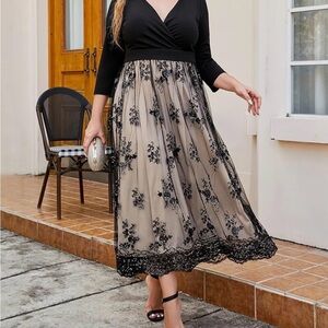 NWOT Elegant Black and Cream Floral Dress